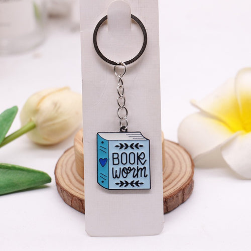 Book Worm illustrated alloy bag charm with split ring and short chain
