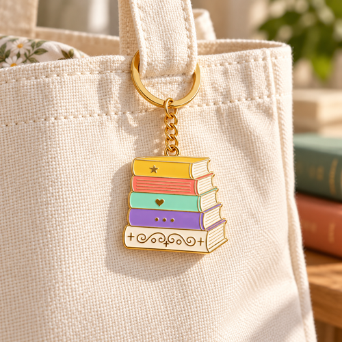 Book Stack Enamel Bag Charm styled on a cream tote; bag not included