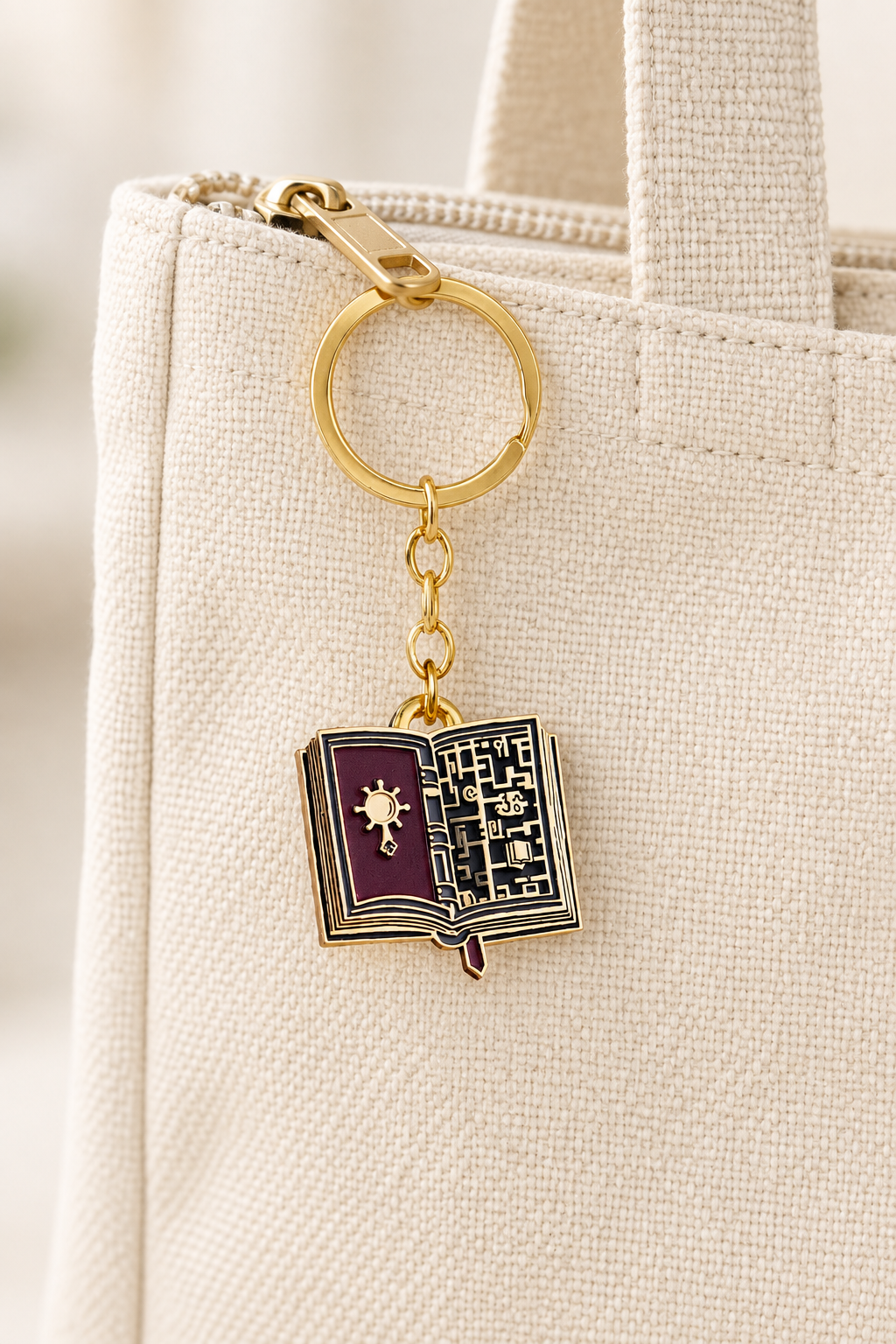 Open book enamel charm styled on a bag; bag not included