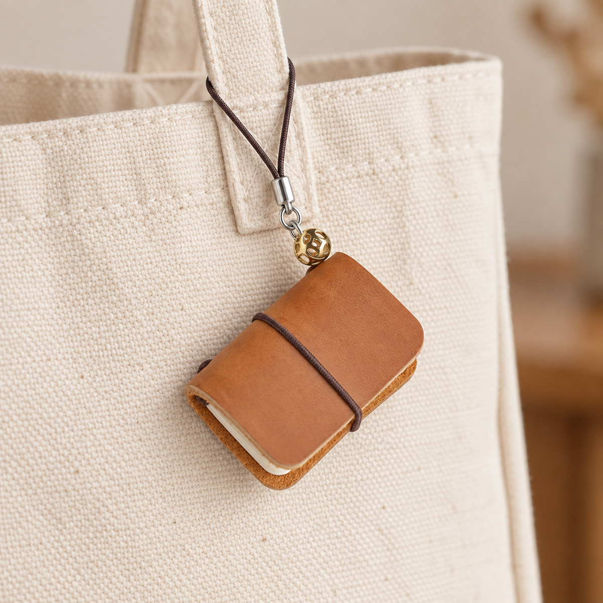 Notebook charm styled on a bag; bag not included