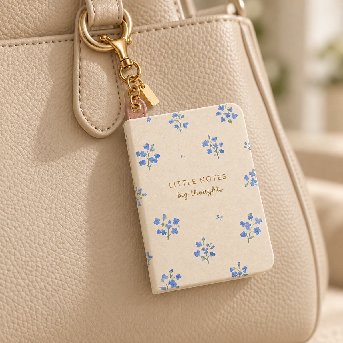 Notebook charm styled on a bag; bag not included