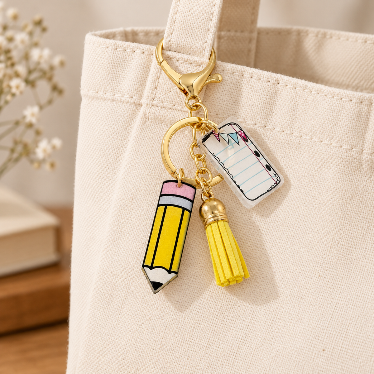 Pencil, Notebook & Tassel Bag Charm styled on a cream tote; bag not included