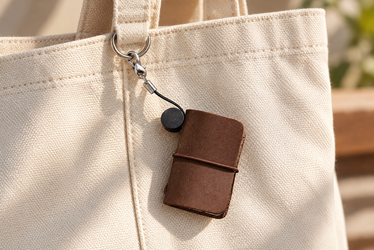 Brown miniature leather journal with dark disc on a canvas bag; bag not included