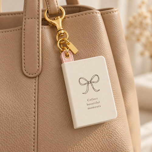 Notebook charm styled on a bag; bag not included