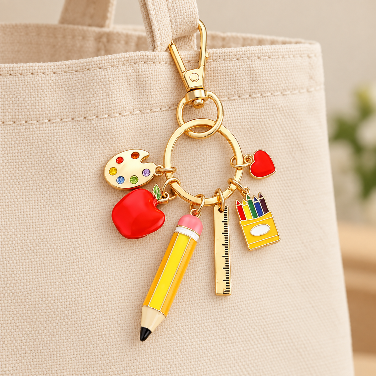 Bag charm styled on a bag; bag not included