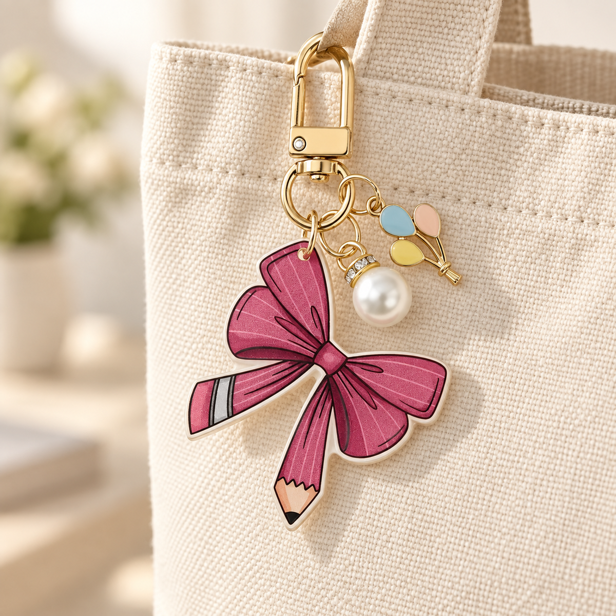 Pink pencil bow charm styled on a canvas bag; bag not included