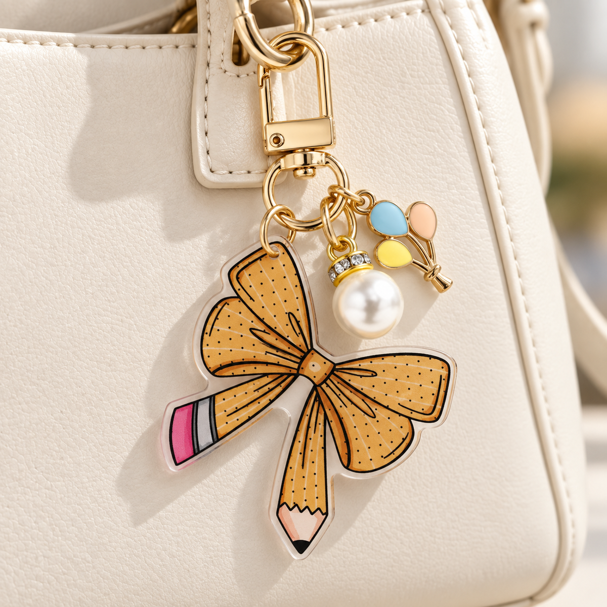 Yellow speckled pencil bow charm on a cream bag; bag not included
