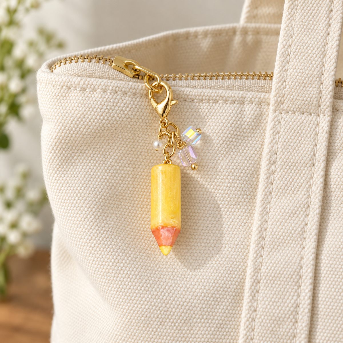 Yellow glitter pencil charm on a canvas tote; bag not included