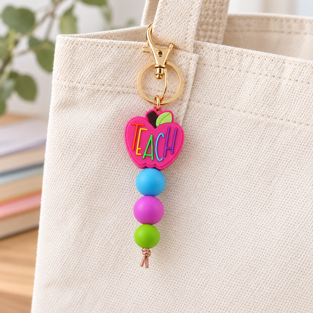Bright pink teacher apple beaded charm styled on a canvas tote; bag not included