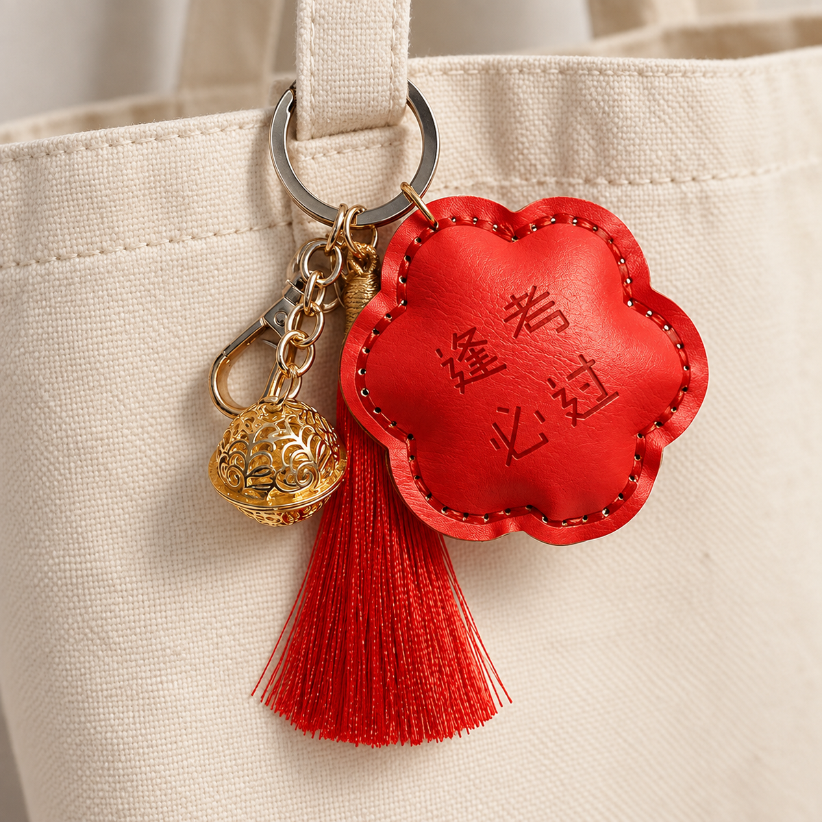 Red flower sachet and tassel charm on a canvas tote; bag not included