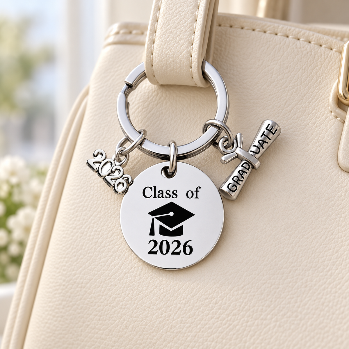 Silver-tone Class of 2026 disc charm on a cream bag; bag not included