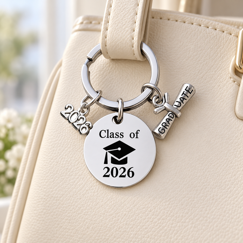 Silver-tone Class of 2026 disc charm on a cream bag; bag not included