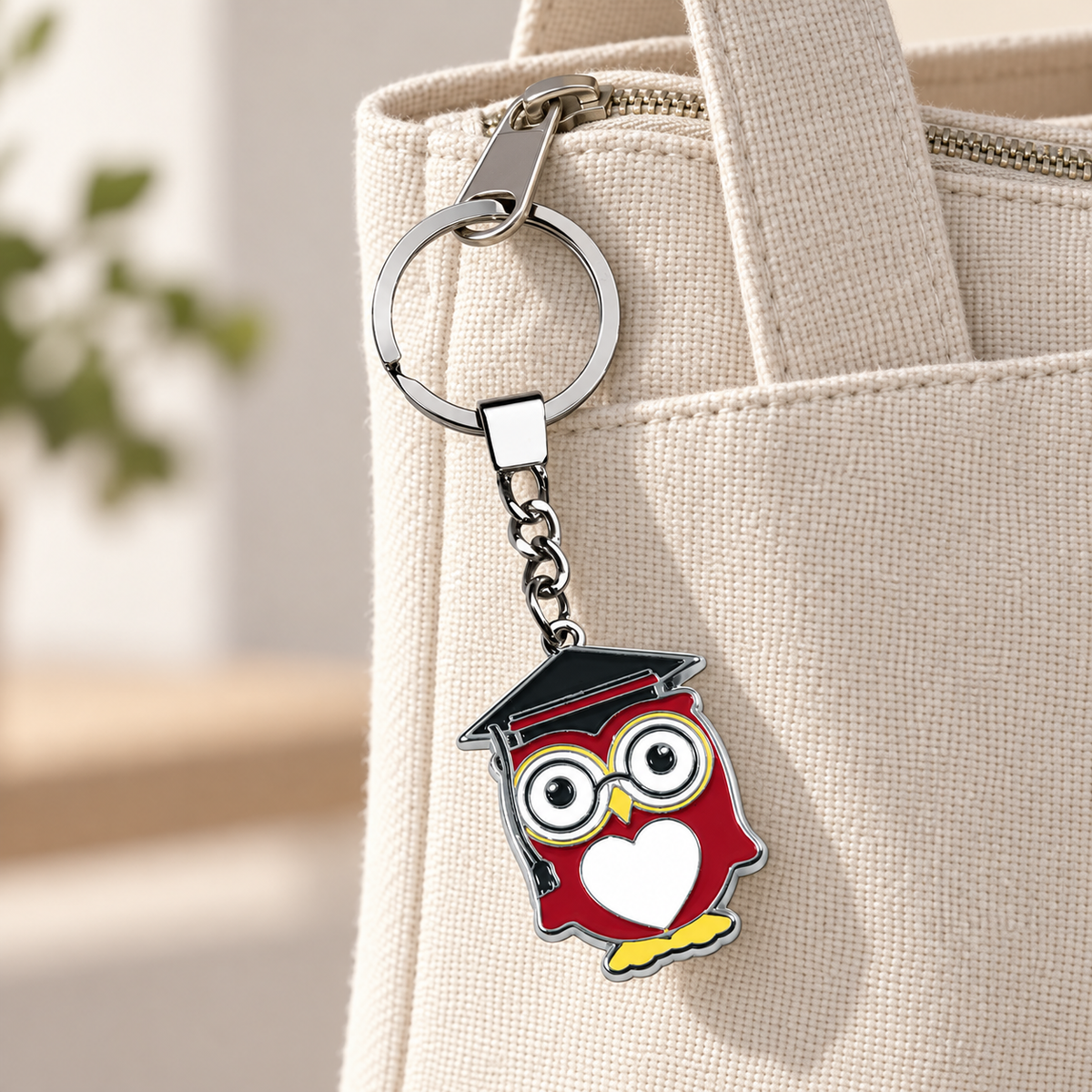 Graduation Owl Bag Charm styled on a bag (AI-generated)