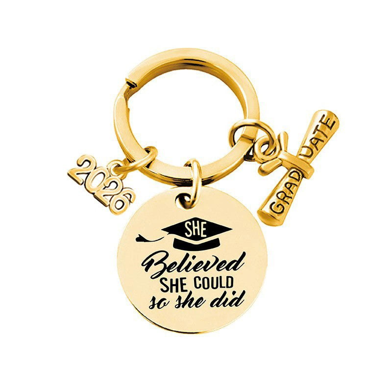 2026 Graduation Message Bag Charm — She Believed She Could / Gold-tone