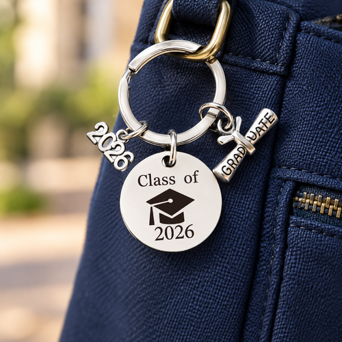 2026 Graduation Message Bag Charm styled on a bag (AI-generated)