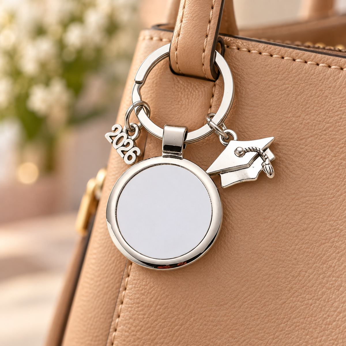 2026 Graduation Photo Blank Bag Charm styled on a bag (AI-generated)