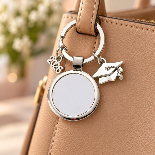 2026 Graduation Photo Blank Bag Charm styled on a bag (AI-generated)