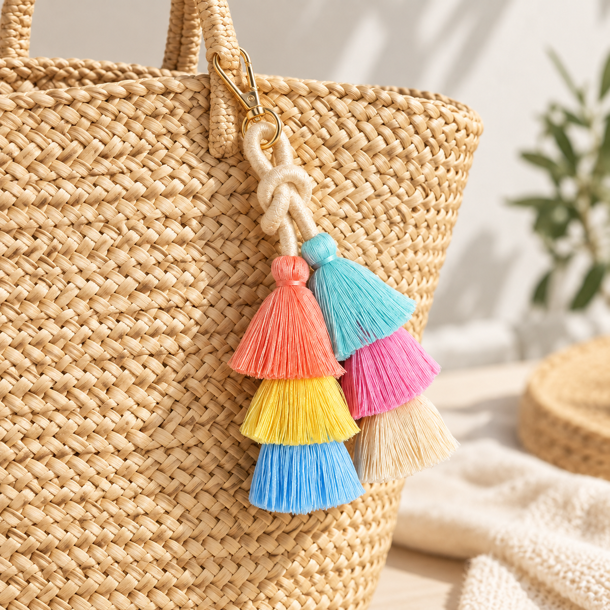 Tiered Cotton Tassel Bag Charm styled on a bag (AI-generated)