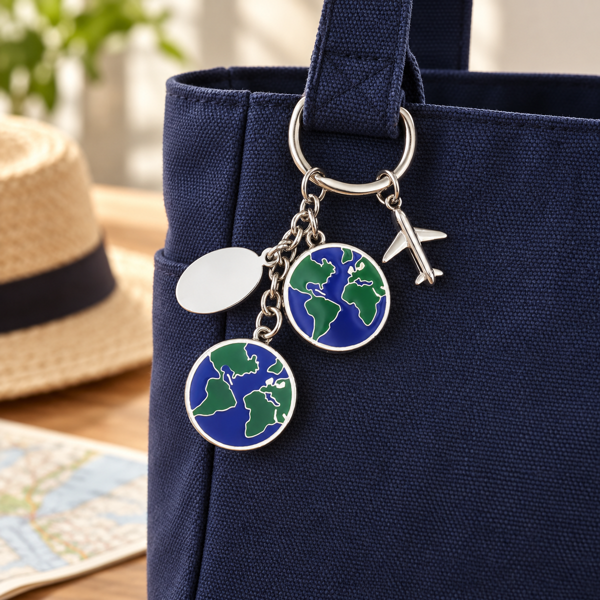 Globe & Airplane Bag Charm styled on a bag (AI-generated)