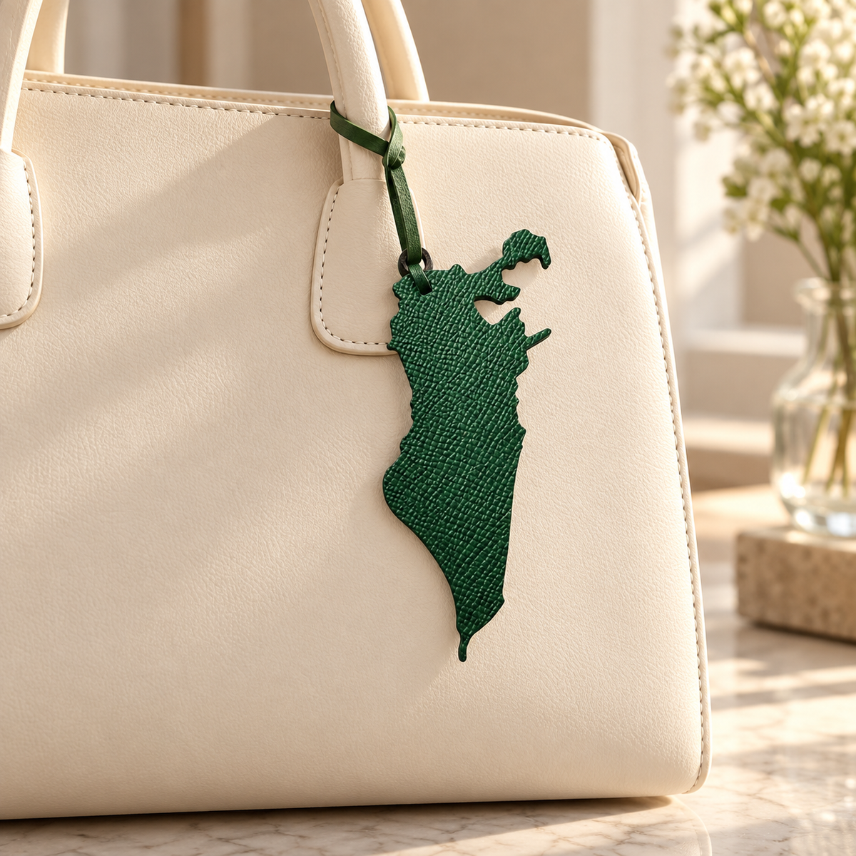 Bag charm styled on a handbag