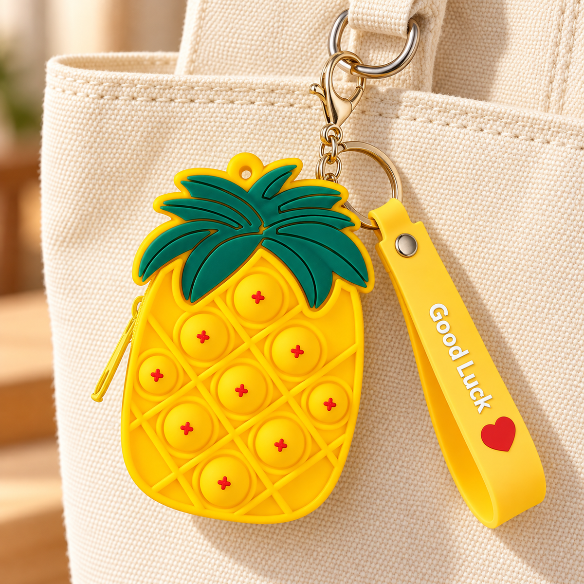 Popper Coin Pouch Bag Charm styled on a bag; bag not included