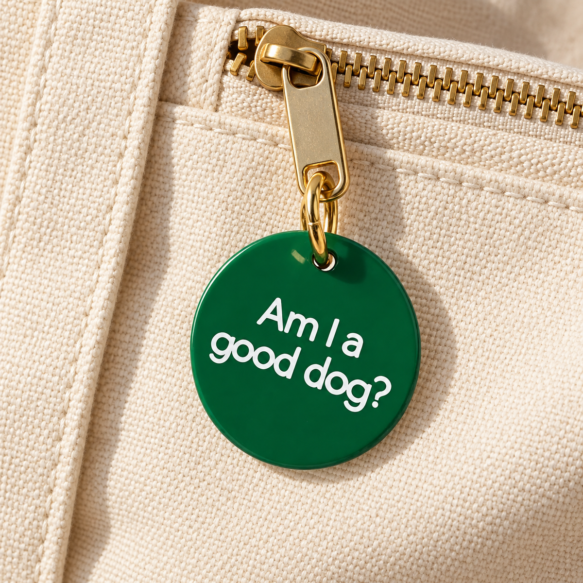 “Am I a Good Dog?” Tag Bag Charm styled on a bag; bag not included
