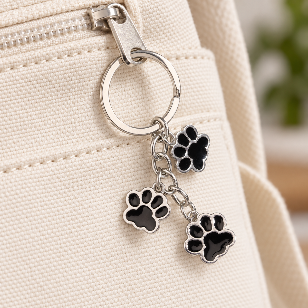 Three Paw Print Enamel Bag Charm styled on a bag; bag not included