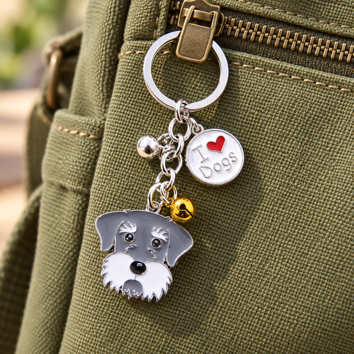 Dog Companion Enamel Bag Charm styled on a bag; bag not included