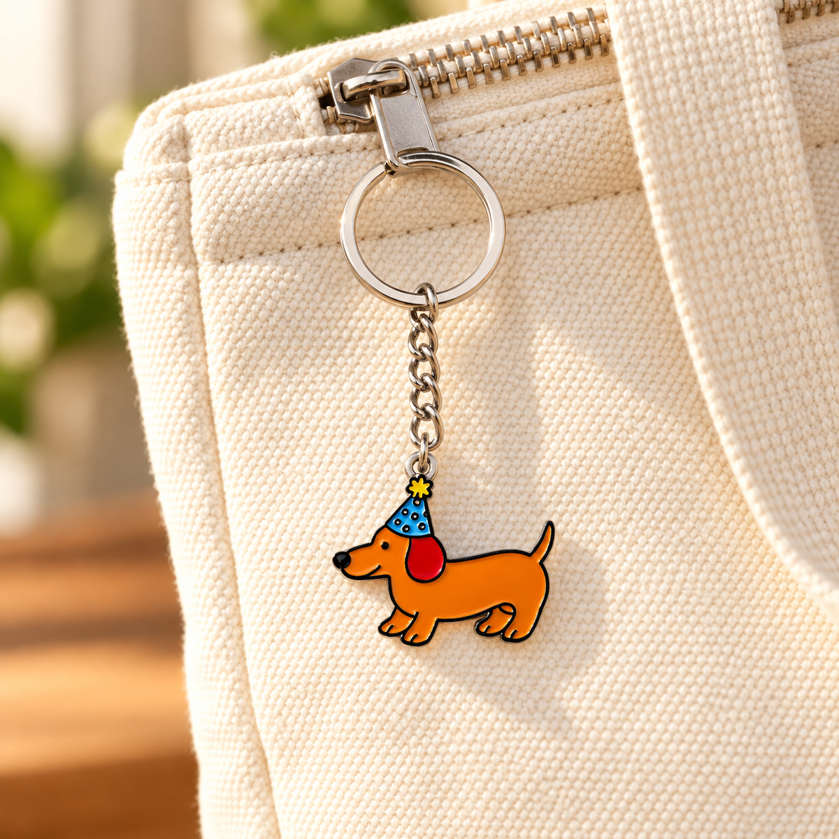 Party Dog Enamel Bag Charm styled on a bag; bag not included