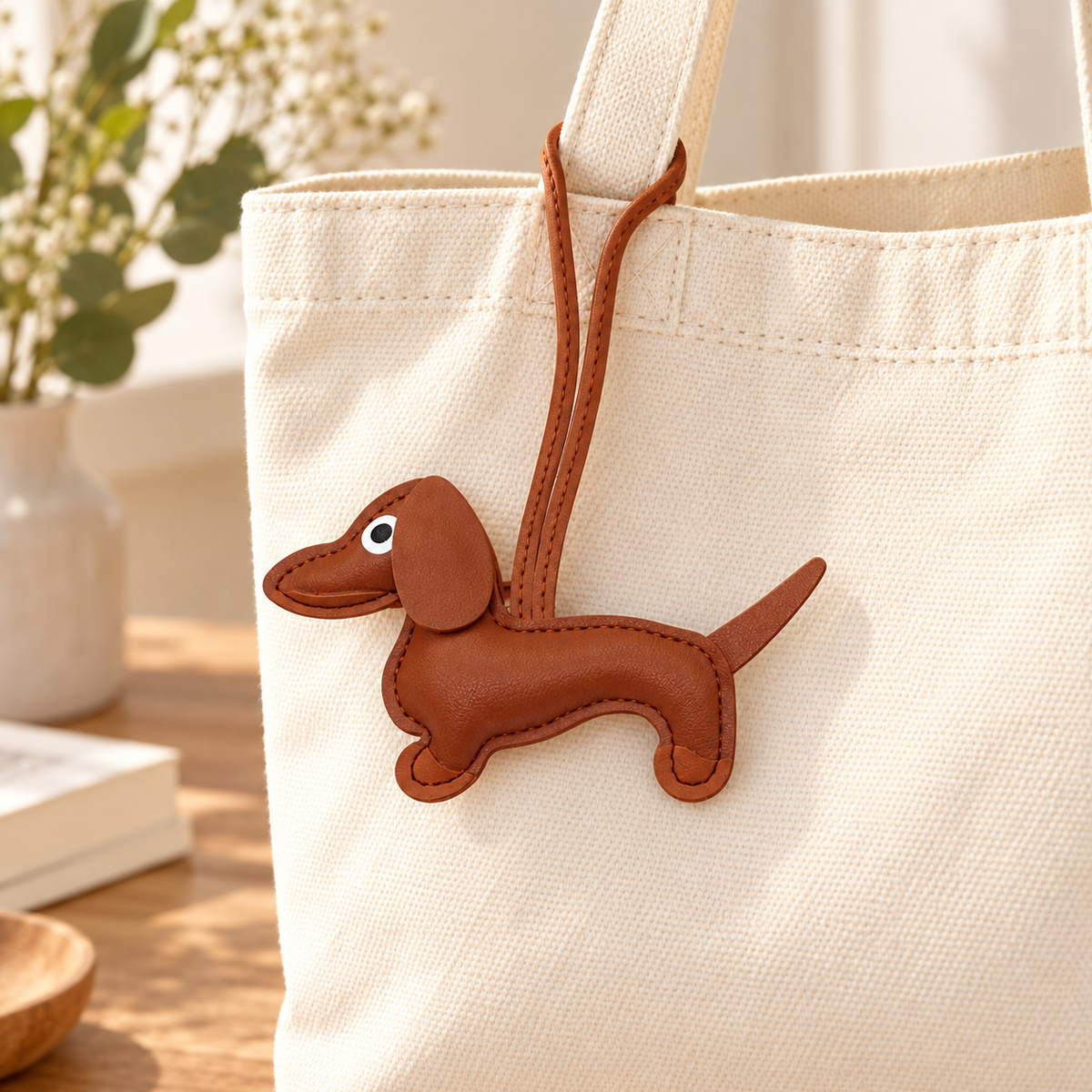 Brown dachshund loop charm styled on canvas tote