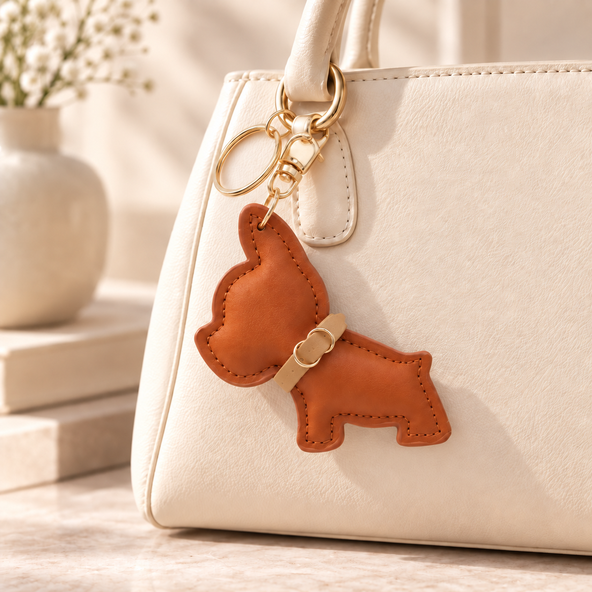 Caramel dog charm with smooth tan collar and gold-tone attachment, styled on handbag