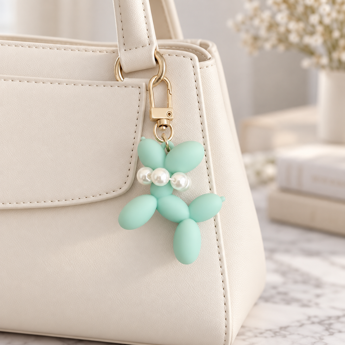 Bag charm styled on a handbag