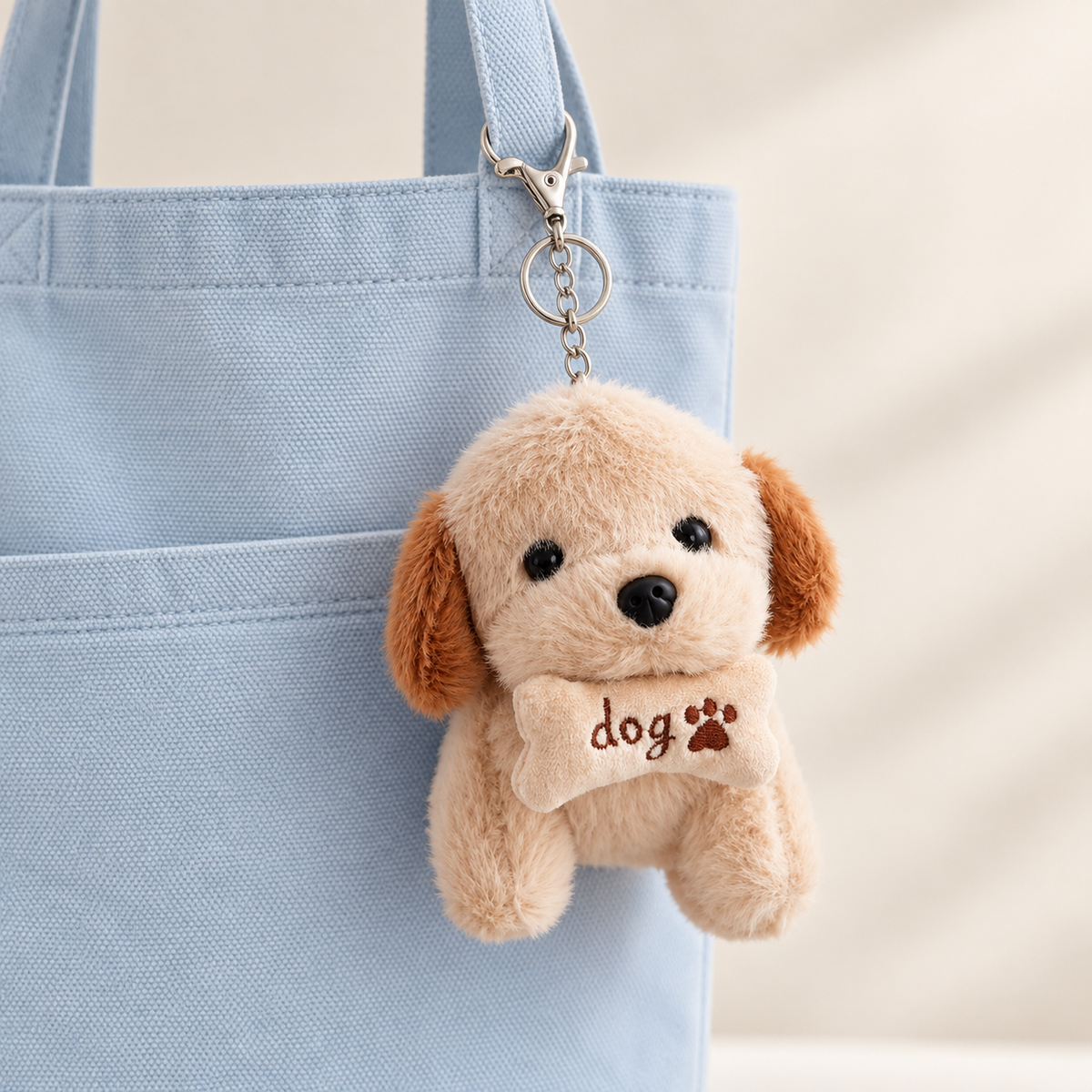 Plush Puppy with Bone Bag Charm styled on a bag; bag not included