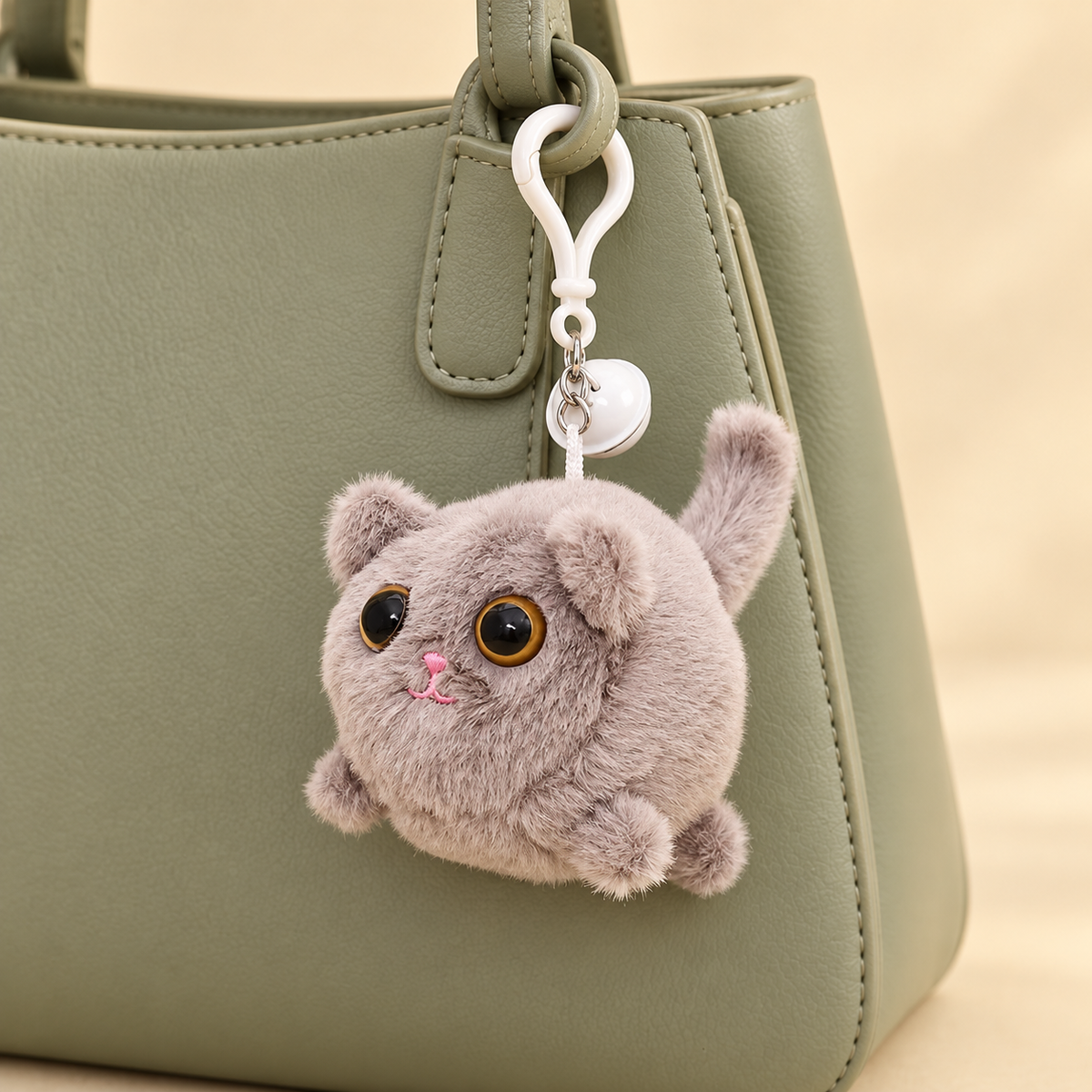 Gray fluffy cat bag charm on sage bag; bag not included