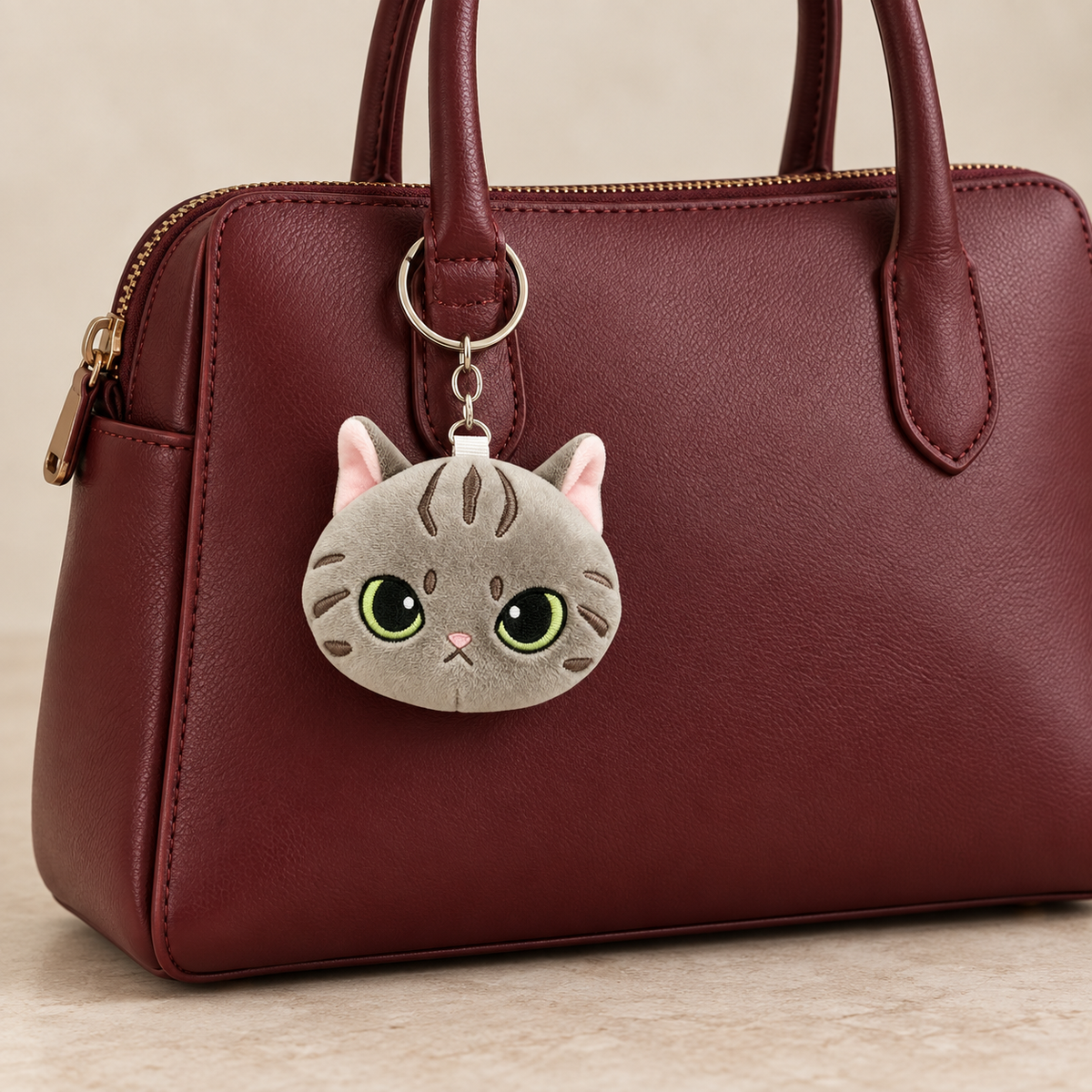Embroidered Cat Face Bag Charm styled on a bag; bag not included