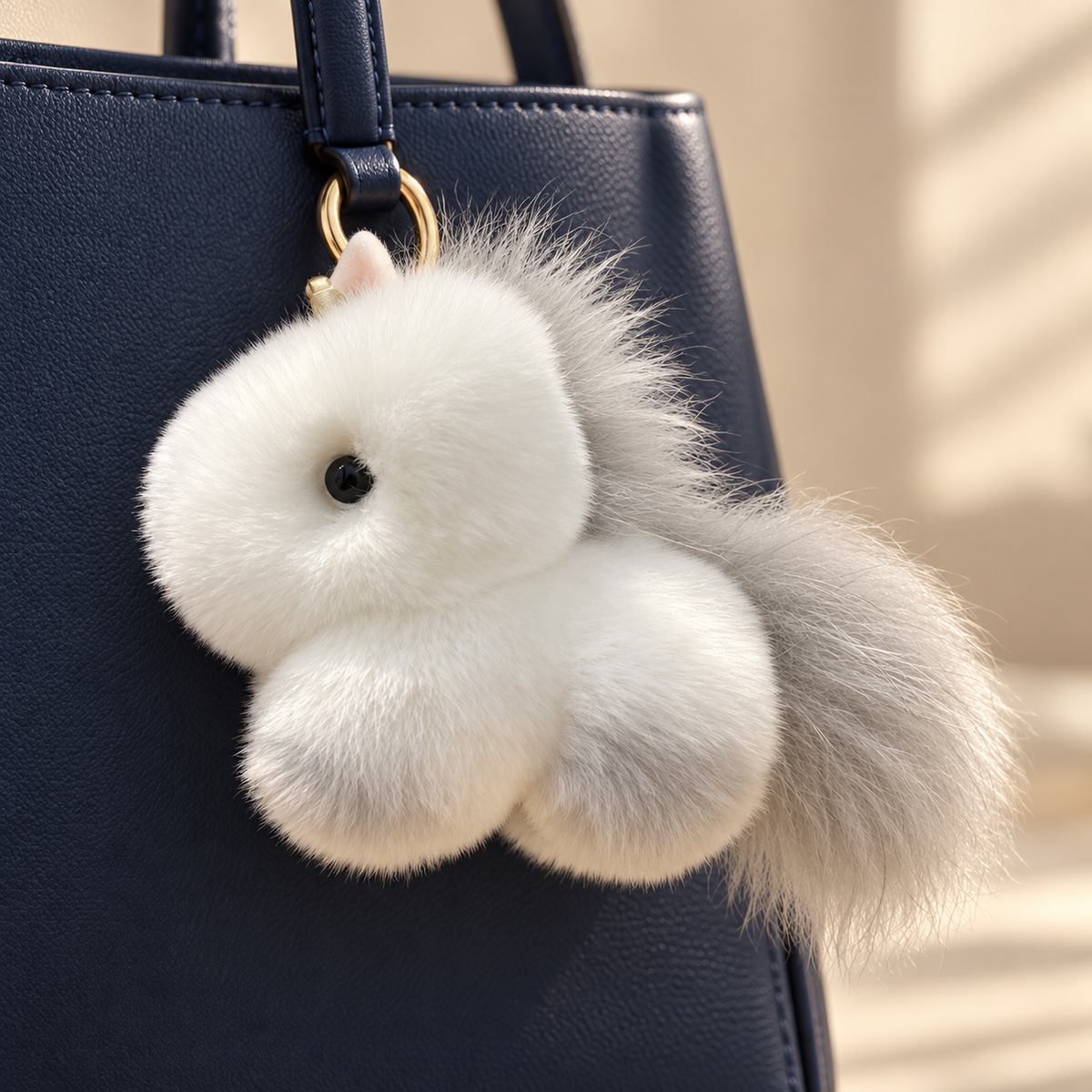 White and gray plush pony bag charm styled on a navy bag; bag not included