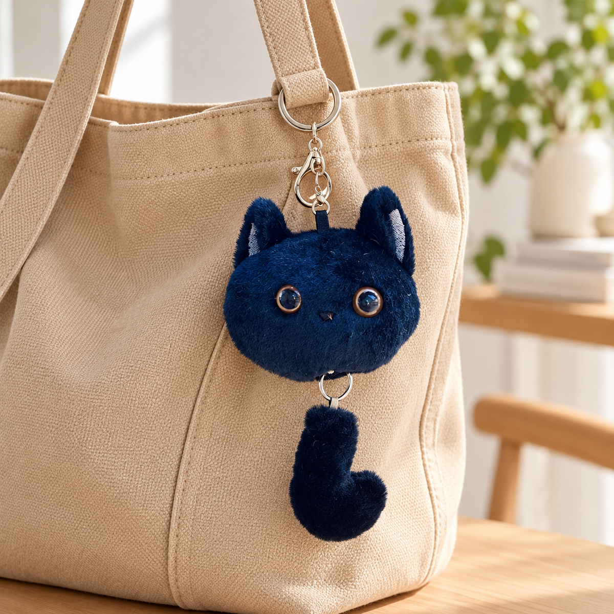 Plush Cat Face & Tail Bag Charm attached to a bag; bag not included