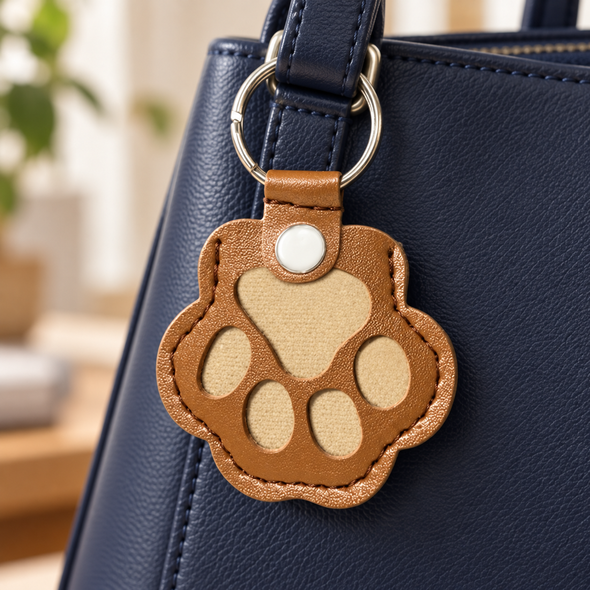 Empty tan paw keepsake charm attached to a bag; bag not included