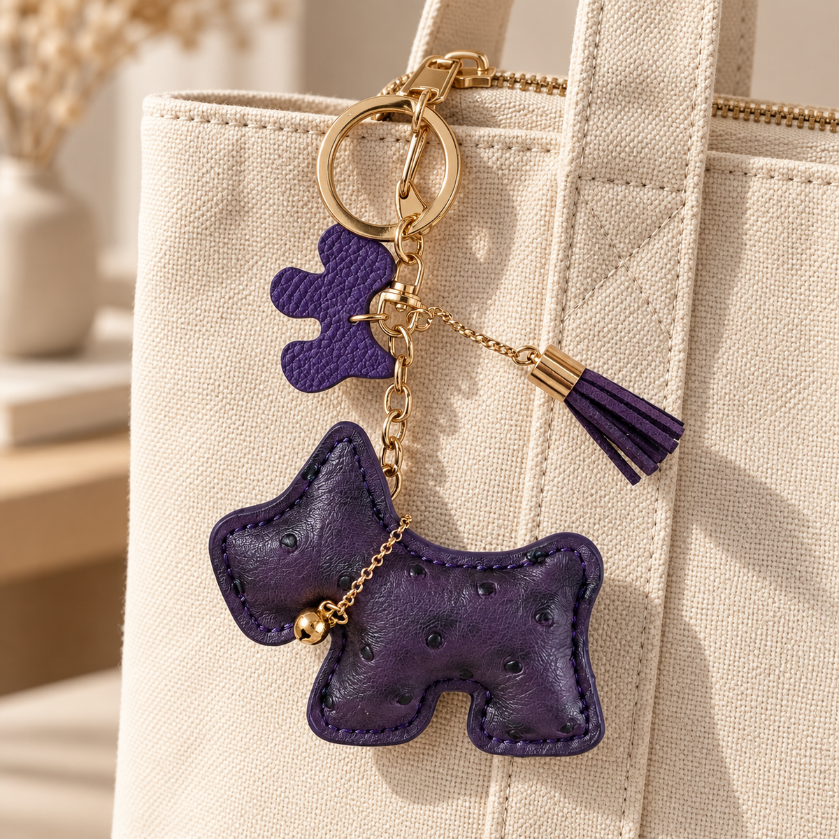 Dog & Tassel Bag Charm styled on a bag; bag not included