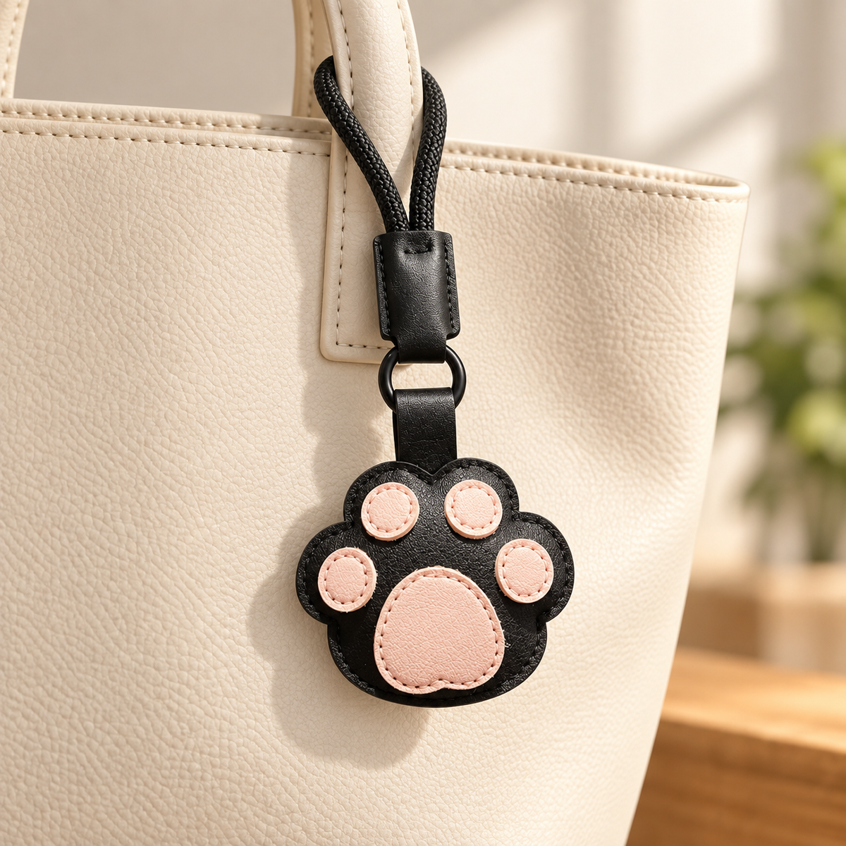 Pink paw loop bag charm styled on a cream bag; bag not included