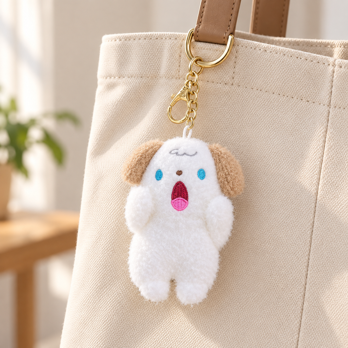 Little Expression Plush Animal Bag Charm styled on a bag; bag not included