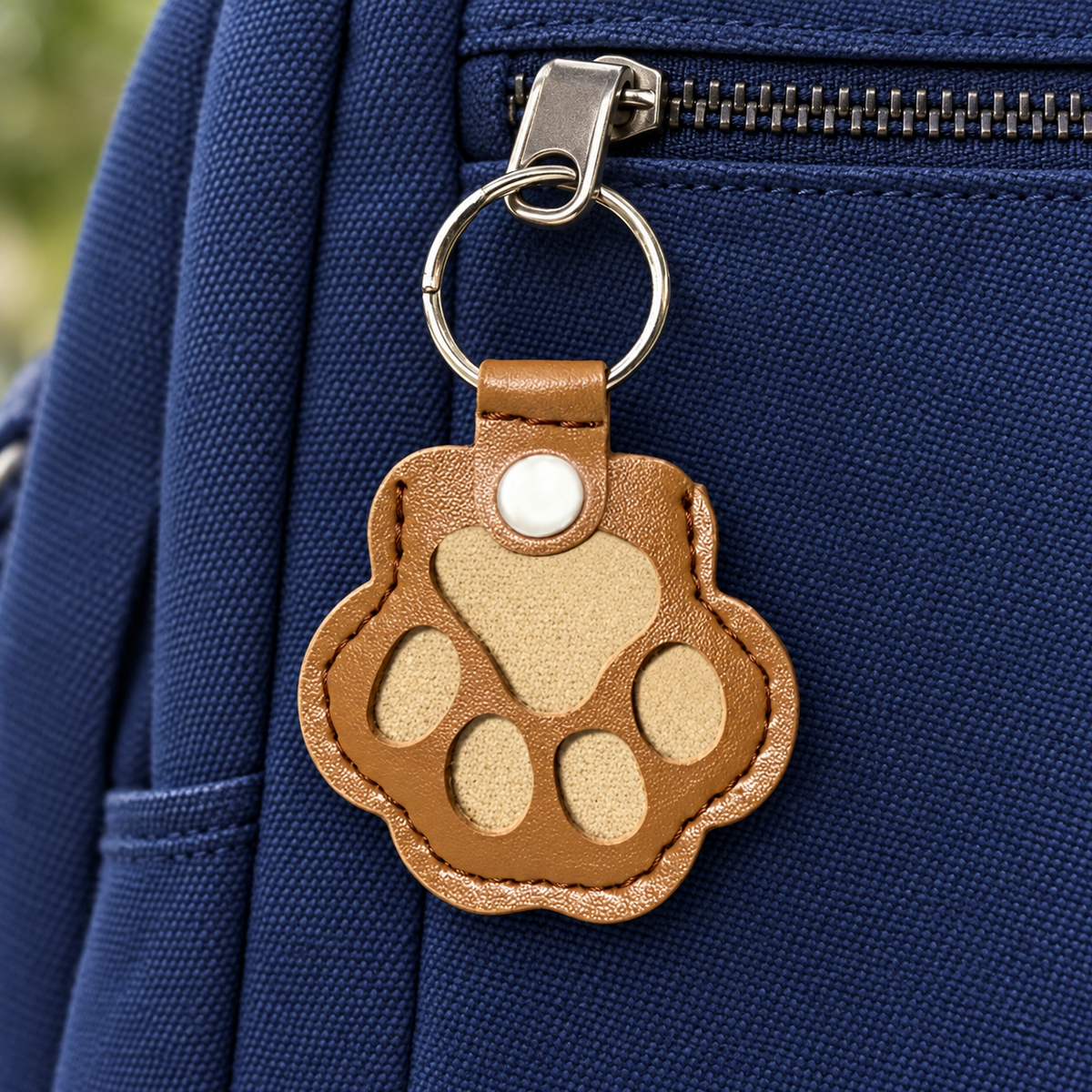 Tan paw keepsake charm on a navy bag; bag not included