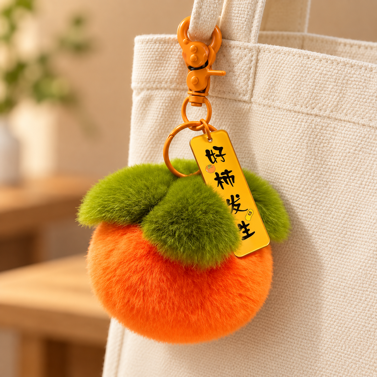 Orange plush persimmon charm on a cream canvas bag; bag not included