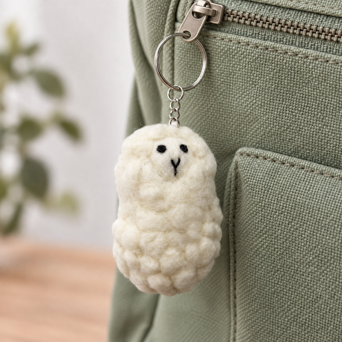 Cream felt sheep charm attached by its silver ring to a sage bag; bag not included