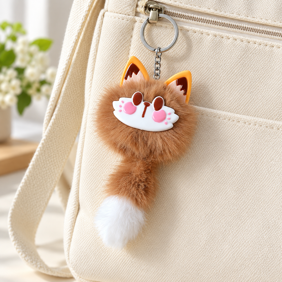Brown long-tailed plush cat charm on a cream bag; bag not included