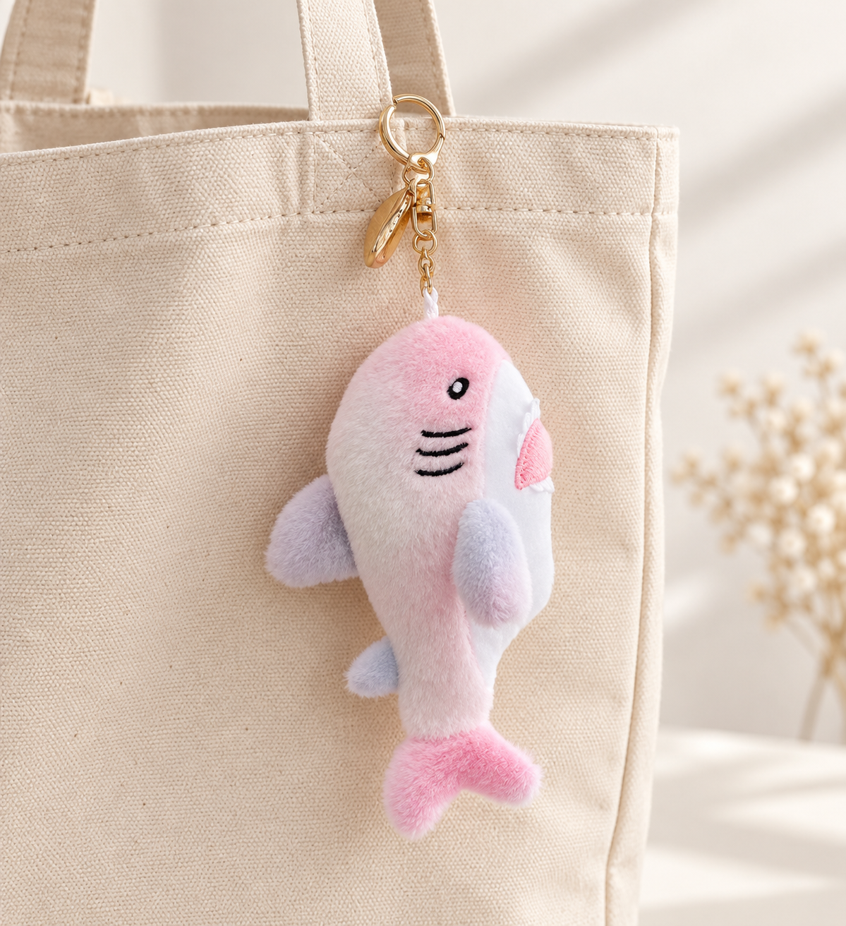 Pink plush shark bag charm styled on a cream tote; bag not included