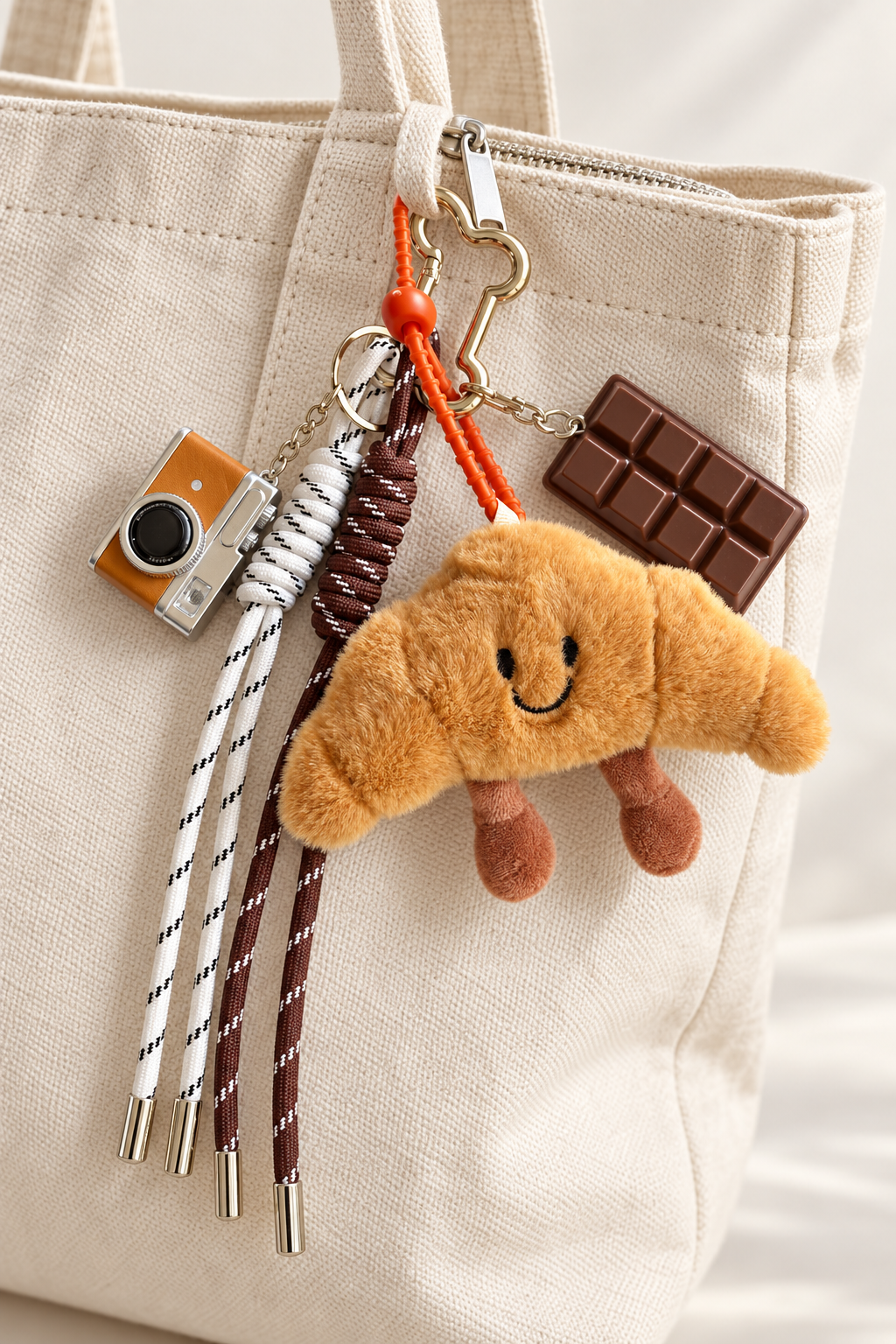 Plush Bakery Bag Charm with Mini Camera styled on a cream tote; bag not included