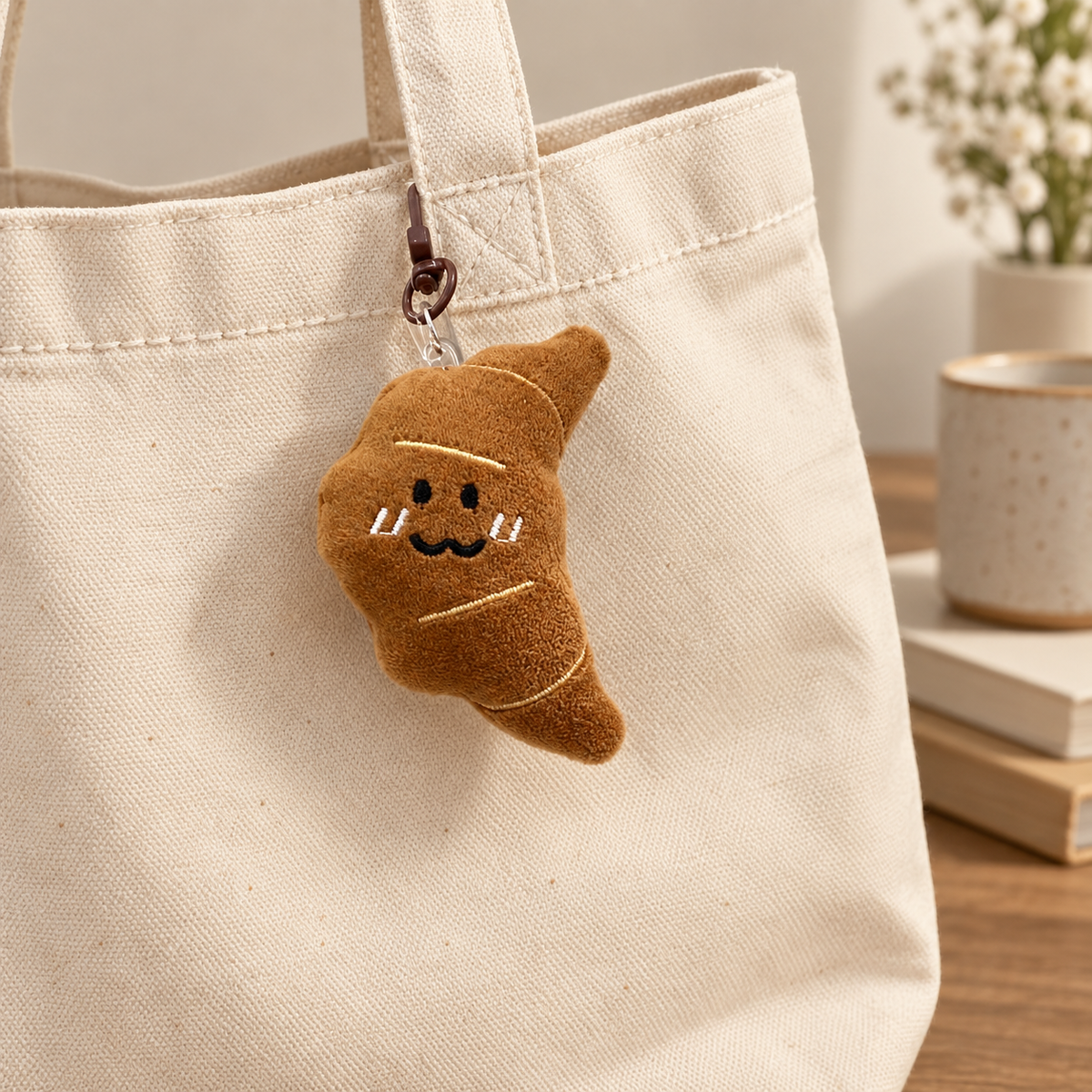Smiling Plush Food Bag Charm styled on a cream tote; bag not included
