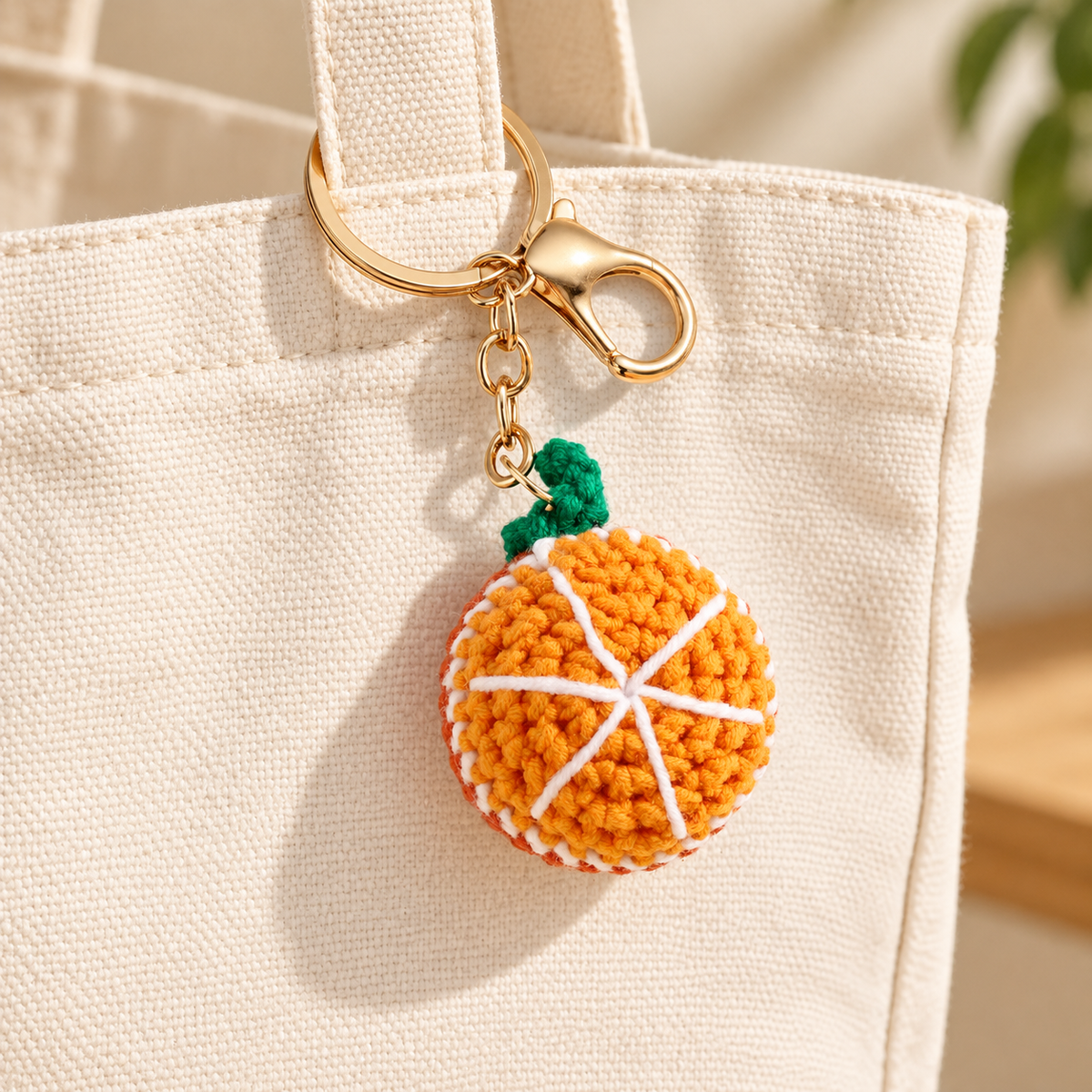 Crochet Fruit & Candy Bag Charm styled on a cream tote; bag not included