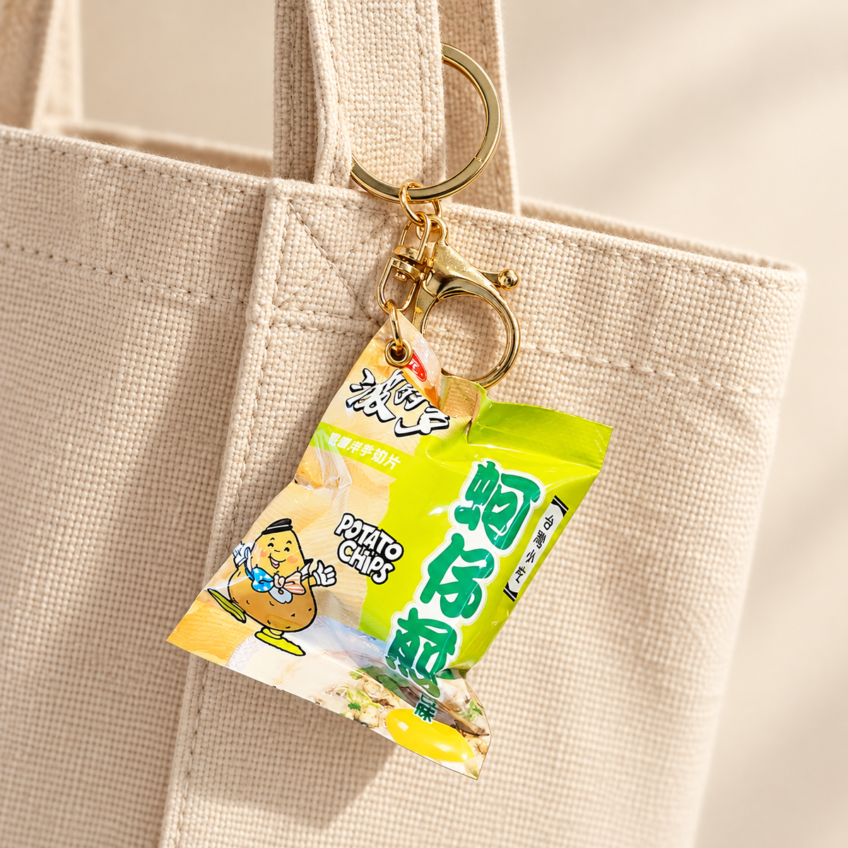 AI styled image: green miniature potato chip packet charm on a canvas tote